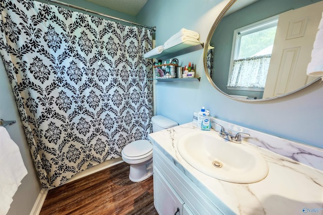 bathroom featuring vanity, wood finished floors, toilet, and curtained shower