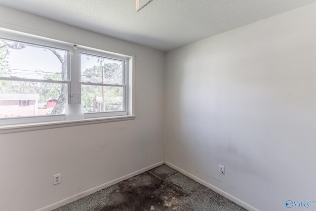 spare room with a textured ceiling, carpet flooring, and baseboards