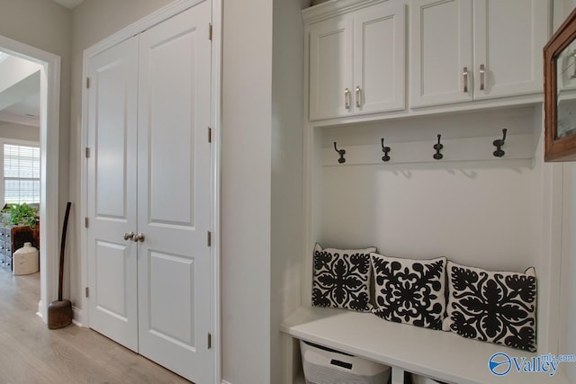 mudroom with ornamental molding and light hardwood / wood-style flooring