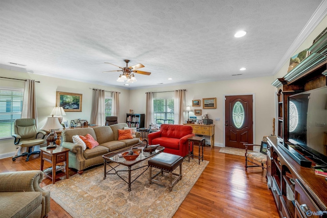 living room with baseboards, a textured ceiling, wood finished floors, and crown molding