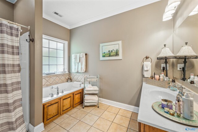 bathroom featuring a shower with shower curtain, visible vents, tile patterned flooring, crown molding, and a bath