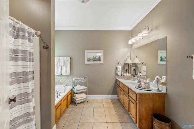 full bathroom featuring crown molding, baseboards, a garden tub, double vanity, and tile patterned floors