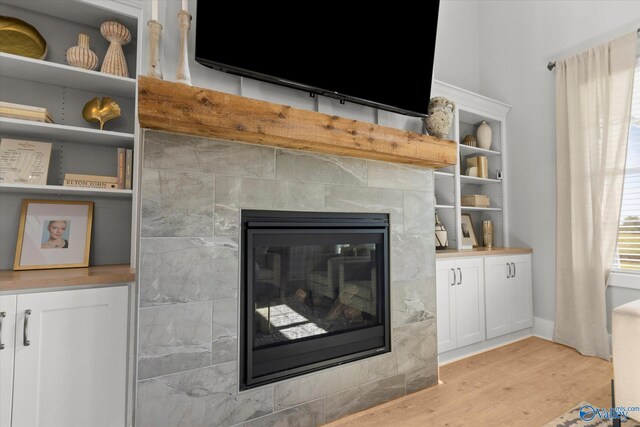 details with hardwood / wood-style flooring and a fireplace