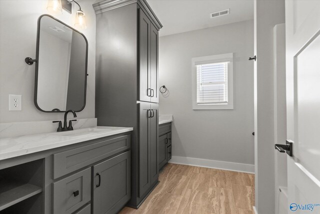 bathroom featuring vanity and hardwood / wood-style flooring