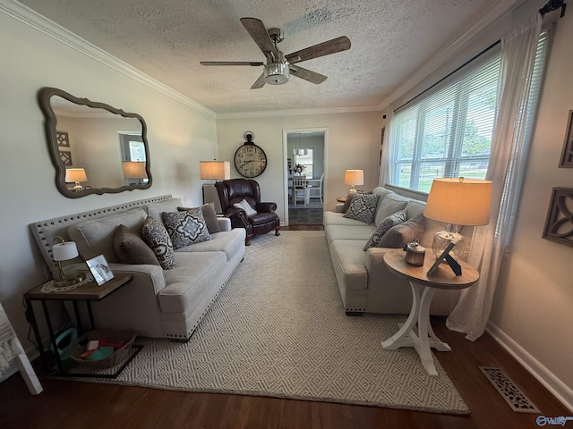 403 Taylor Rd, Glencoe, AL 35905 - living room with wood finished floors, a textured ceiling, a ceiling fan, crown molding, and baseboards