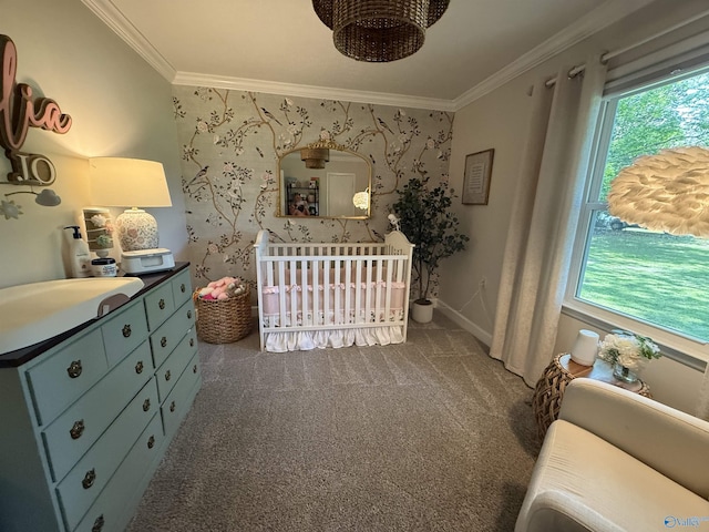 403 Taylor Rd, Glencoe, AL 35905 - bedroom with crown molding, a crib, carpet flooring, wallpapered walls, and baseboards