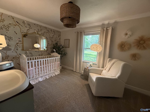 403 Taylor Rd, Glencoe, AL 35905 - carpeted bedroom featuring crown molding, baseboards, wallpapered walls, and a nursery area