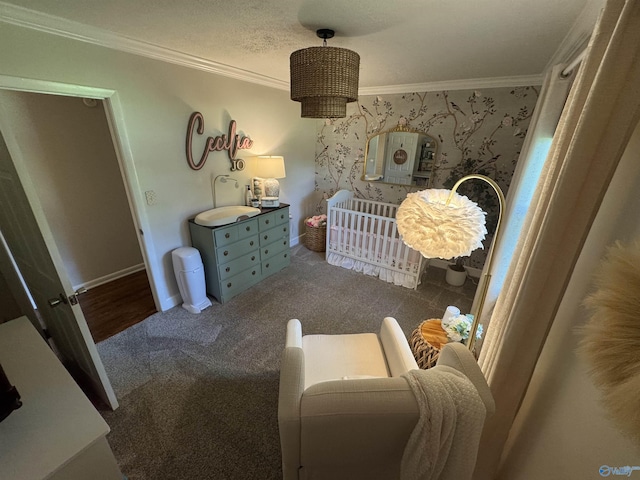 403 Taylor Rd, Glencoe, AL 35905 - bedroom featuring ornamental molding, carpet, baseboards, and wallpapered walls