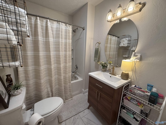 403 Taylor Rd, Glencoe, AL 35905 - full bath featuring marble finish floors, toilet, shower / bathtub combination with curtain, vanity, and a textured ceiling