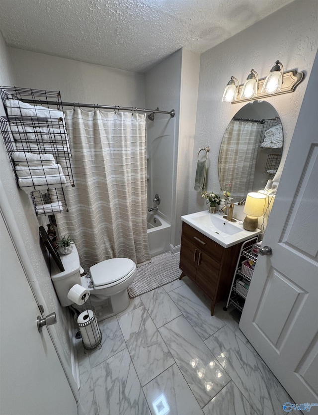403 Taylor Rd, Glencoe, AL 35905 - bathroom with marble finish floors, a textured ceiling, vanity, toilet, and shower / tub combo with curtain