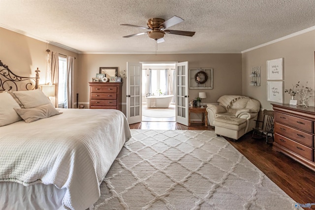 bedroom featuring french doors, ornamental molding, ceiling fan, a textured ceiling, and wood finished floors