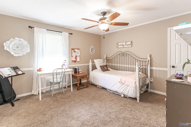 bedroom featuring a textured ceiling, light colored carpet, a ceiling fan, baseboards, and ornamental molding