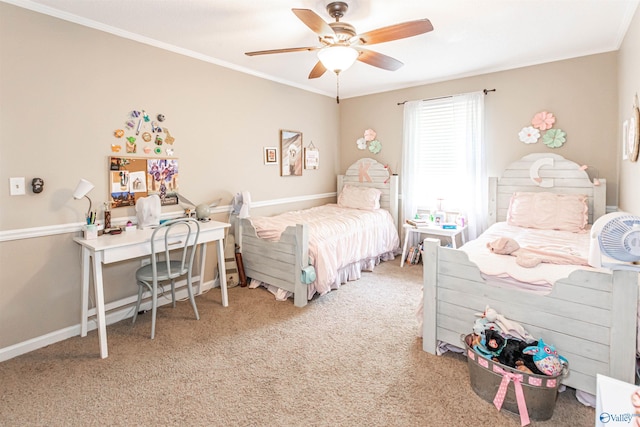 bedroom featuring ornamental molding, carpet flooring, ceiling fan, and baseboards