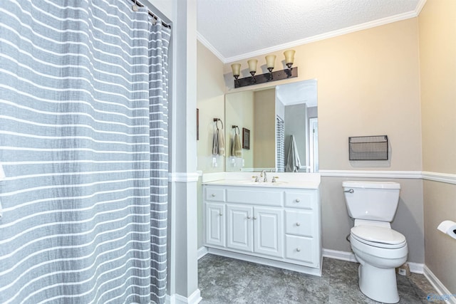 full bath featuring ornamental molding, toilet, a textured ceiling, and vanity