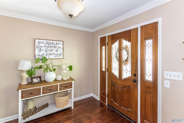 foyer entrance featuring dark wood-style floors, ornamental molding, and baseboards