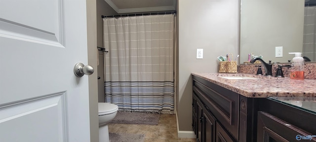 full bath with ornamental molding, a shower with curtain, vanity, and toilet