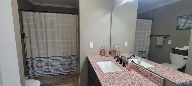 bathroom with ornamental molding, vanity, toilet, and curtained shower