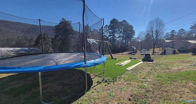 view of yard with a storage shed, a trampoline, and an outdoor structure