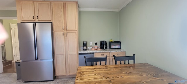 kitchen featuring dishwashing machine, light brown cabinets, crown molding, and freestanding refrigerator