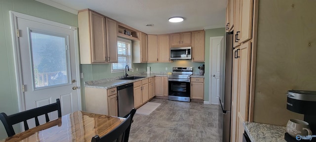 kitchen featuring light brown cabinets, appliances with stainless steel finishes, a sink, and ornamental molding