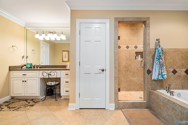 bathroom with independent shower and bath, vanity, tile patterned flooring, and ornamental molding