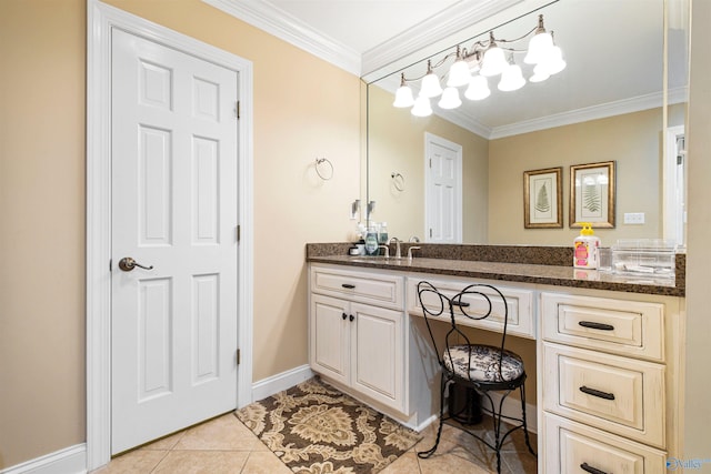 bathroom with vanity, crown molding, and tile patterned floors