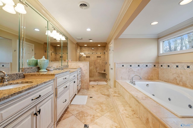 bathroom with dual vanity, independent shower and bath, crown molding, and tile patterned floors