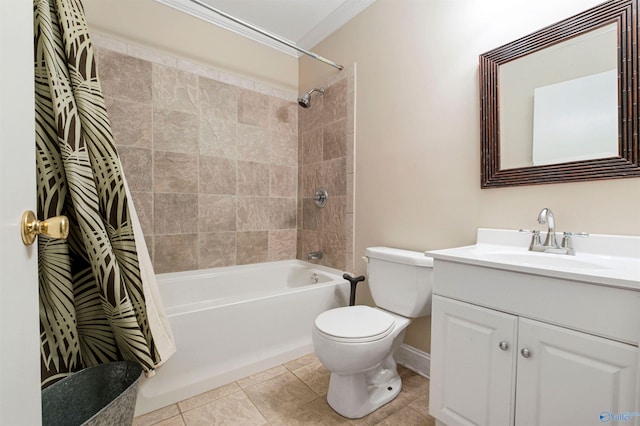 full bathroom featuring vanity, tile patterned floors, crown molding, tiled shower / bath combo, and toilet