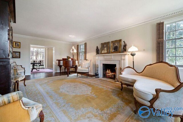 living room featuring plenty of natural light, crown molding, and hardwood / wood-style floors