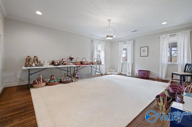 playroom with dark hardwood / wood-style floors and ornamental molding