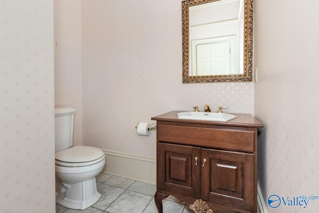 bathroom featuring wallpapered walls, toilet, and vanity