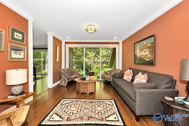 living room featuring wood-type flooring and crown molding