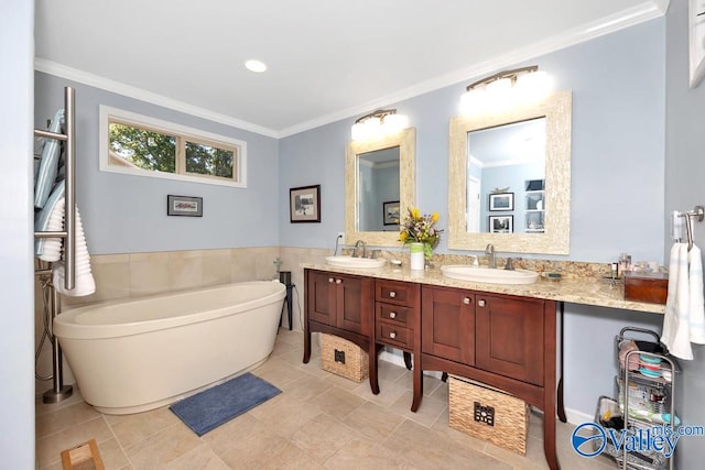 bathroom featuring tile patterned floors, crown molding, and dual bowl vanity