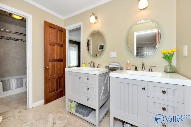 bathroom with dual vanity, tile patterned floors, and ornamental molding