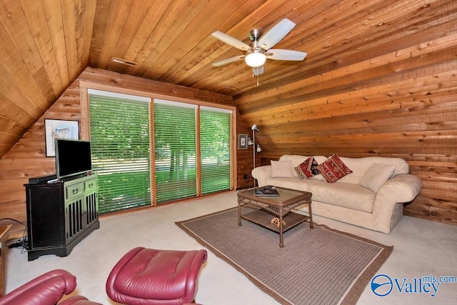 living room featuring wood ceiling, carpet floors, ceiling fan, and vaulted ceiling