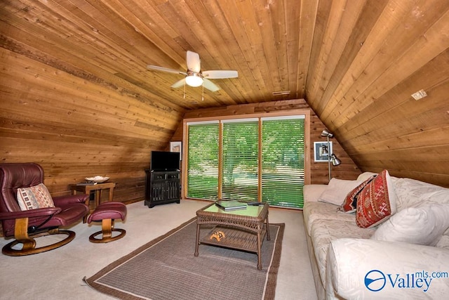 carpeted living room featuring lofted ceiling, ceiling fan, and wood ceiling