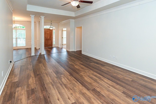 300 Honor Way, Madison, AL 35758 - empty room featuring dark wood-type flooring, a ceiling fan, ornamental molding, a chandelier, and a tray ceiling