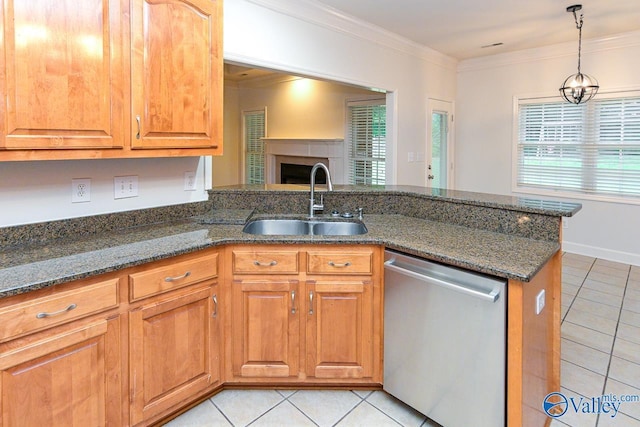 300 Honor Way, Madison, AL 35758 - kitchen featuring dishwasher, light tile patterned floors, a sink, plenty of natural light, and crown molding