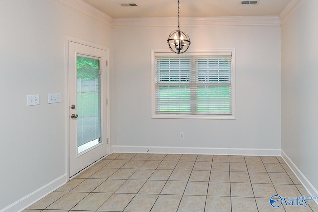 300 Honor Way, Madison, AL 35758 - unfurnished dining area featuring ornamental molding, light tile patterned floors, a chandelier, and baseboards