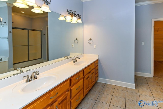 300 Honor Way, Madison, AL 35758 - bathroom featuring ornamental molding, baseboards, double vanity, tile patterned floors, and an enclosed shower