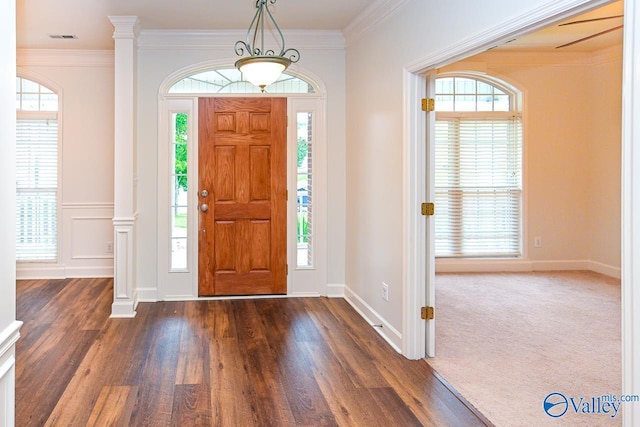300 Honor Way, Madison, AL 35758 - foyer entrance featuring healthy amount of natural light, dark wood finished floors, ornamental molding, and baseboards