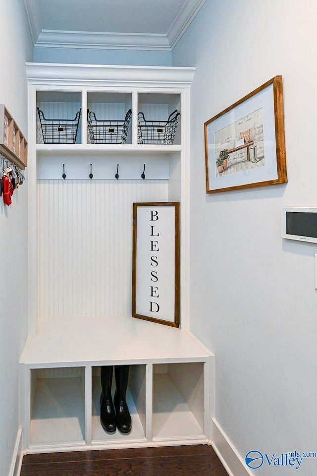 mudroom featuring ornamental molding and dark wood-type flooring