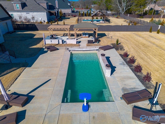 view of pool featuring a gazebo, a pergola, and a patio area