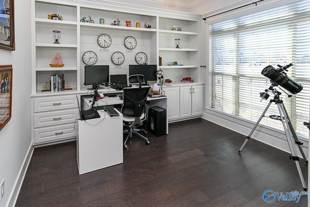 office area featuring a healthy amount of sunlight and dark wood-type flooring