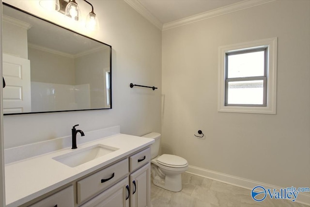 13888 Mallard Dr, Madison, AL 35756 - bathroom featuring vanity, ornamental molding, toilet, baseboards, and a shower