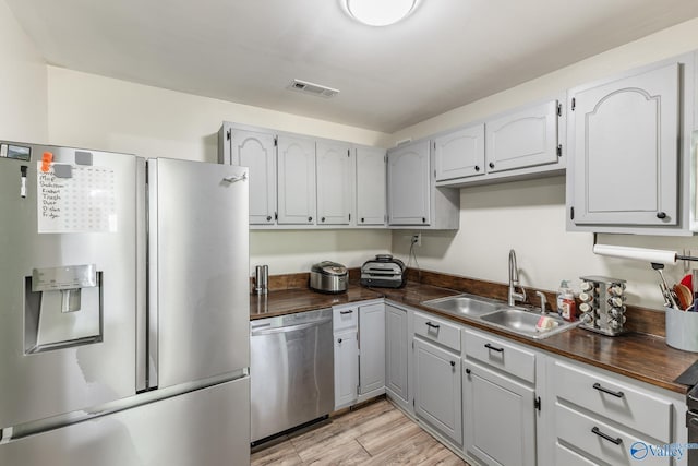 1101 5th Ave SW, Decatur, AL 35601 - kitchen featuring stainless steel appliances, a sink, butcher block countertops, light wood-type flooring, and gray cabinets