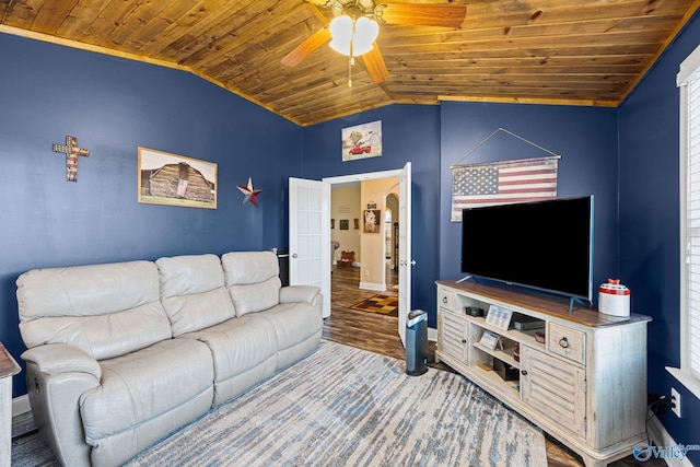 living room featuring light wood-type flooring, ceiling fan, vaulted ceiling, and wooden ceiling