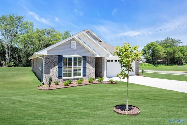 view of front of home featuring driveway, a garage, a front yard, and brick siding