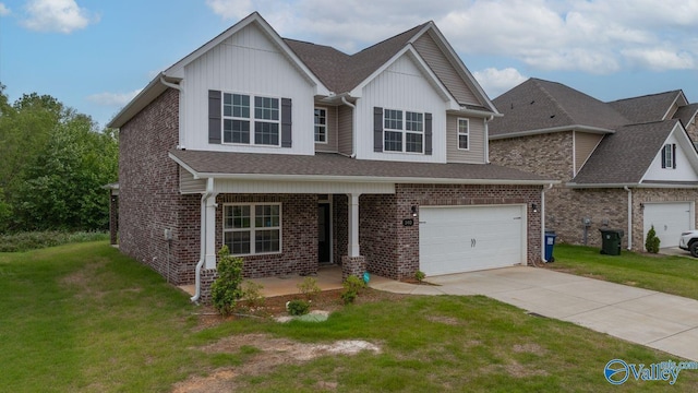 140 Amelia Dr, Harvest, AL 35749 - view of front facade with concrete driveway, brick siding, a front yard, covered porch, and an attached garage