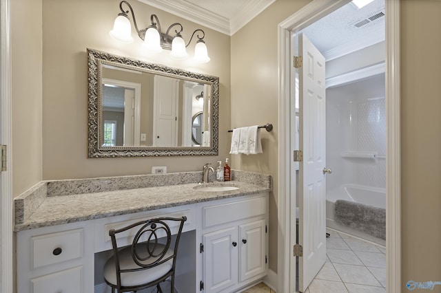 full bath featuring visible vents, tile patterned floors, vanity, and ornamental molding